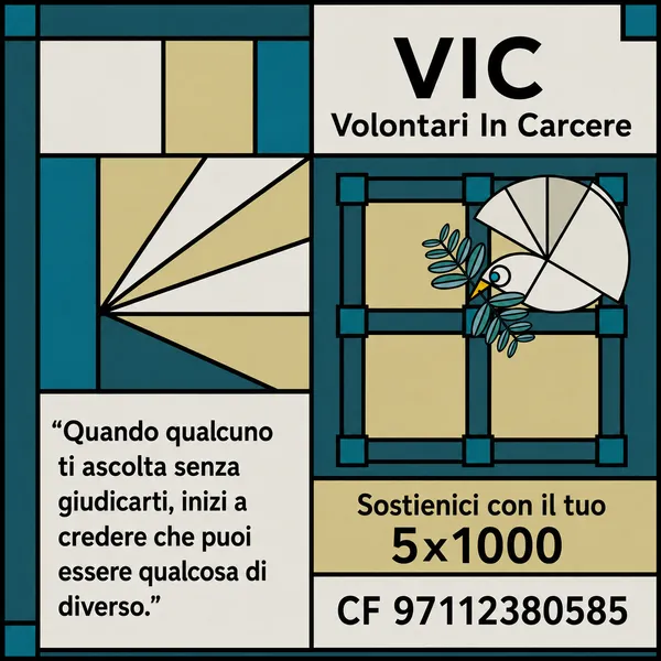 Illustrazione in stile vetrata con la colomba e il ramoscello d'ulivo del VIC. A sinistra la citazione: Quando qualcuno ti ascolta senza giudicarti, inizi a credere che puoi essere qualcosa di diverso. In basso: Sostienici con il tuo 5x1000, codice fiscale 97112380585.